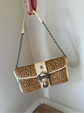 Michael Kors Woven Straw Shoulder Bag with Cream Trim and Chain Strap